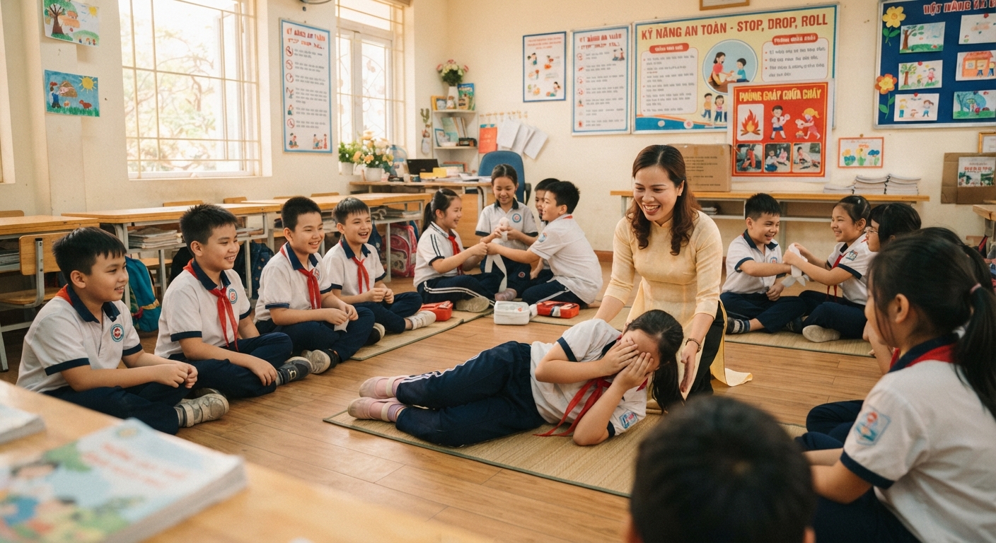 Học viên tiểu học thực hành kĩ năng